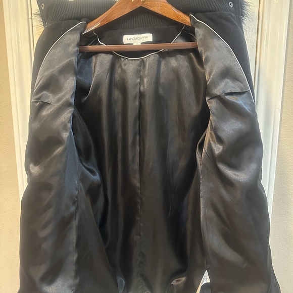 Liz Claiborne Black Wool Blend Coat Faux Fur Hood Fully Lined Jacket Size XL EUC - Picture 8 of 14